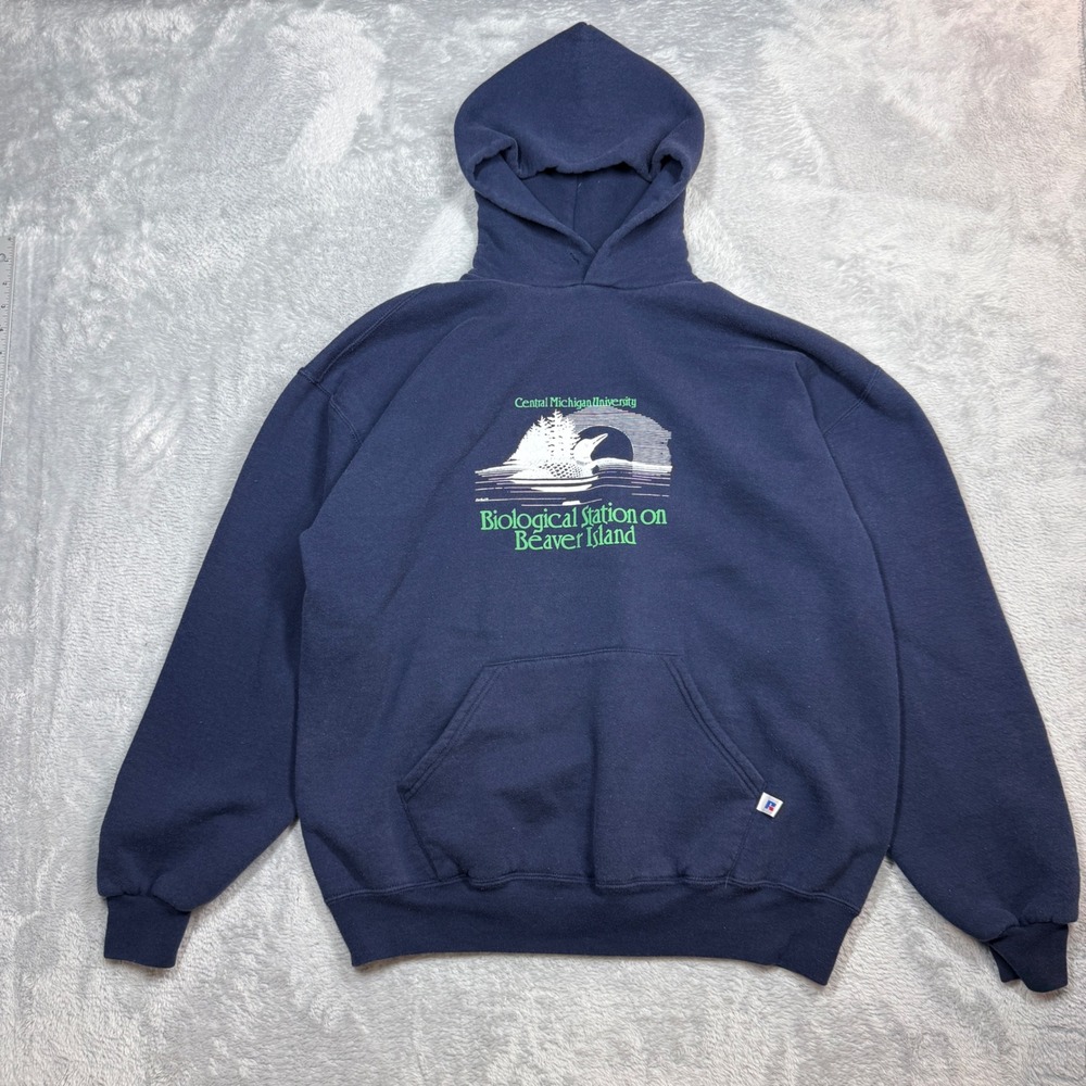 Vintage Russell Athletic Hoodie Mens XL Navy Central Michigan University 90s